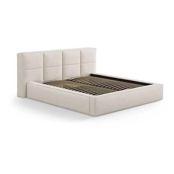 Krémszínű kárpitozott ágyneműtartós franciaágy ágyráccsal 160x200 cm Simon Darren – Micadoni 