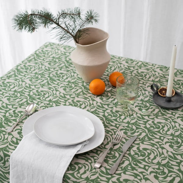 Len asztalterítő 140x250 cm Evergreen Damask – Linen Tales-image-1