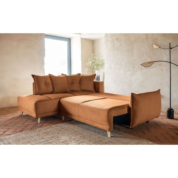 Téglavörös kordbársony kinyitható sarokkanapé (bal oldali) Lazy Lukka – Miuform-image-3