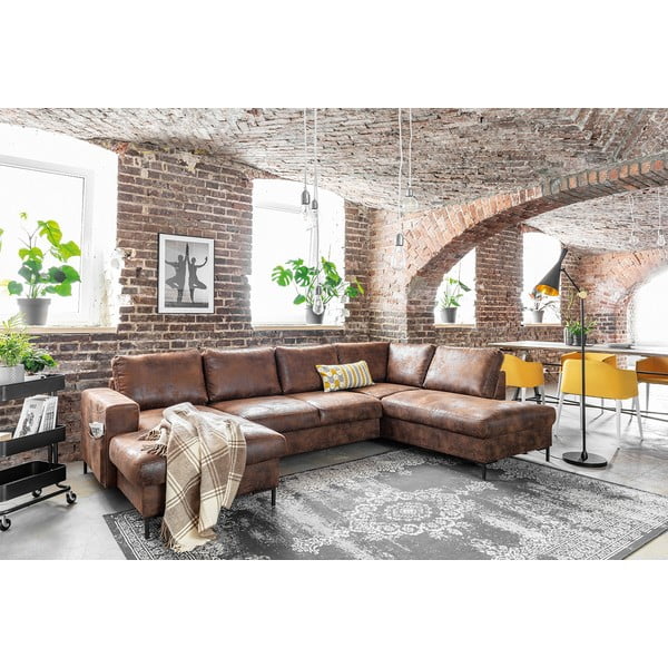 Lofty Lilly Vintage barna kinyitható U alakú bőrutánzat kanapé, jobb oldali - Miuform-image-4