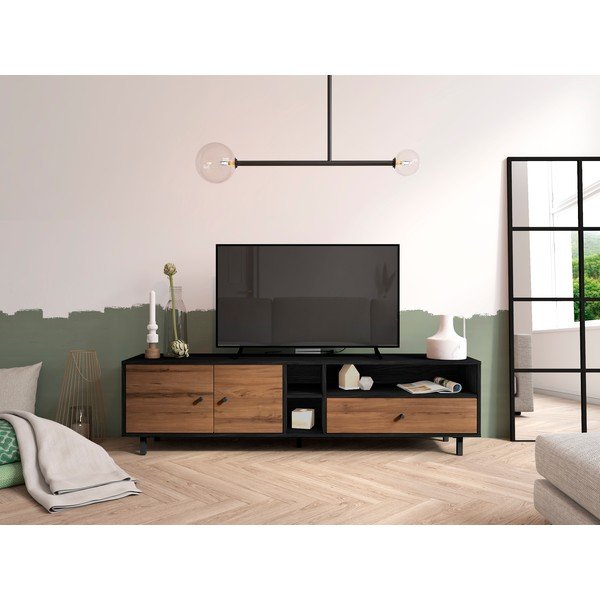 Fekete-natúr színű TV-állvány diófa dekorral 180x47 cm Roald – Marckeric-image-1