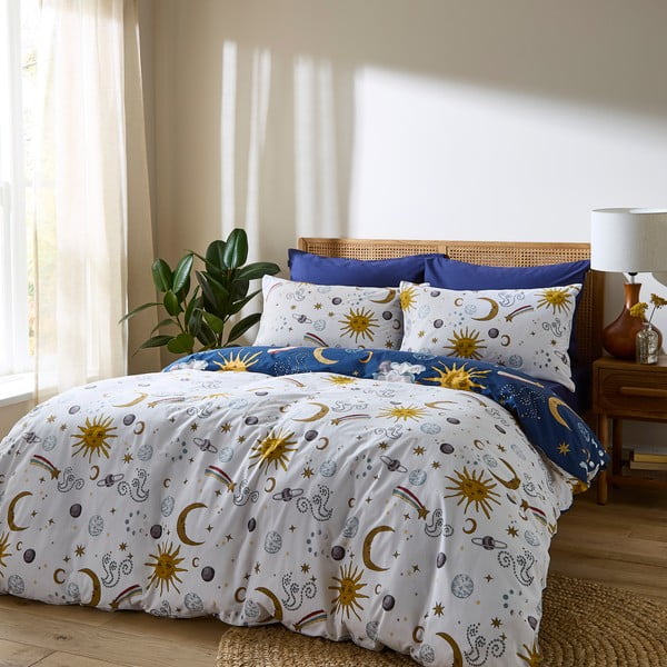 Fehér-kék kétszemélyes pamut ágyneműhuzat 200x200 cm Disco Space – Their Nibs-image-2