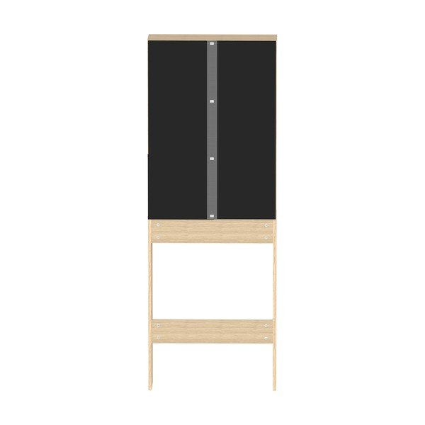 Fekete magas fürdőszoba szekrény tölgyfa dekorral, mosógép/WC fölé 64x179 cm Kube - TemaHome -image-4