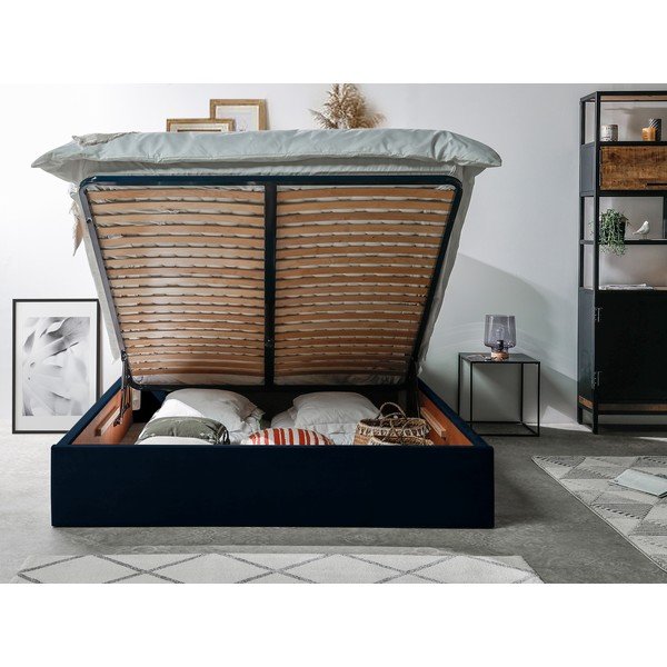 Sötétkék kárpitozott franciaágy tárolóhellyel ágyráccsal 160x200 cm Palmyre – Bobochic Paris-image-3