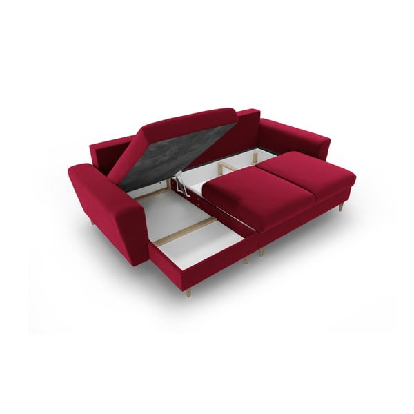 Piros bársony kinyitható tárolóhelyes sarokkanapé Kyoto – Cosmopolitan Design-image-3