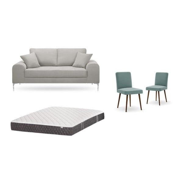 Világosszürke, kétszemélyes kanapé, 2 db szürkészöld szék, matrac (140 x 200 cm) szett- Home Essentials