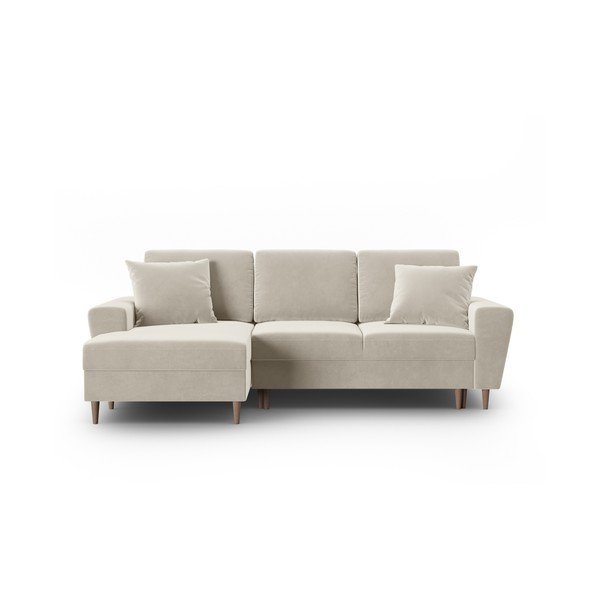 Bézs bársony kinyitható tárolóhelyes sarokkanapé (bal oldali-heverő résszel) Kyoto – Cosmopolitan Design