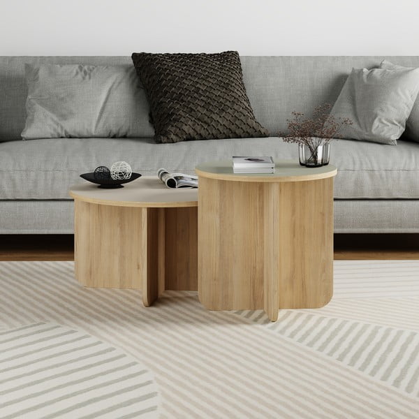 Krémszínű-natúr színű kerek dohányzóasztal szett 2 db-os tölgyfa dekorral ø 70 cm Hillary – Marckeric-image-1