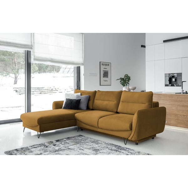 Sárga bársony kinyitható-tárolóhelyes sarokkanapé (bal oldali-heverő résszel) Silva – ELTAP-image-1