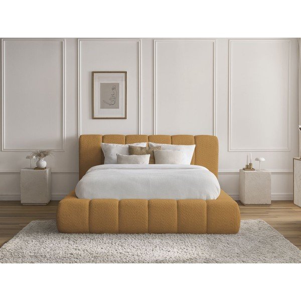 Mustársárga kárpitozott ágyneműtartós franciaágy ágyráccsal 160x200 cm Denali – Bobochic Paris-image-1