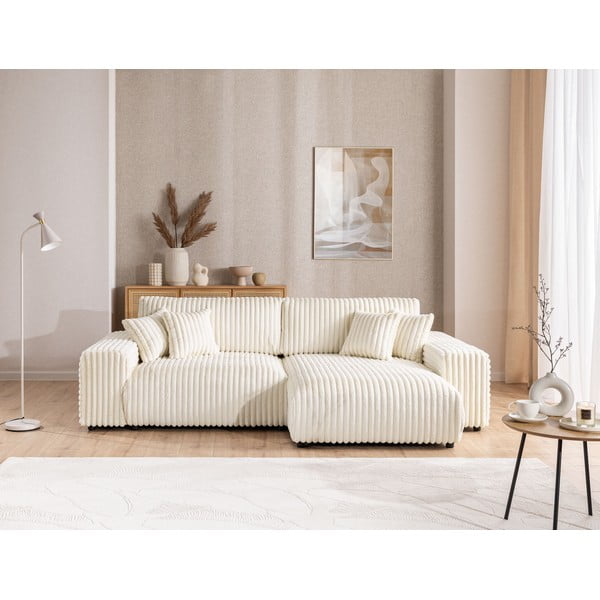 Krémszínű kordbársony kinyitható-tárolóhelyes sarokkanapé (jobb oldali) Sarina – Ropez-image-1