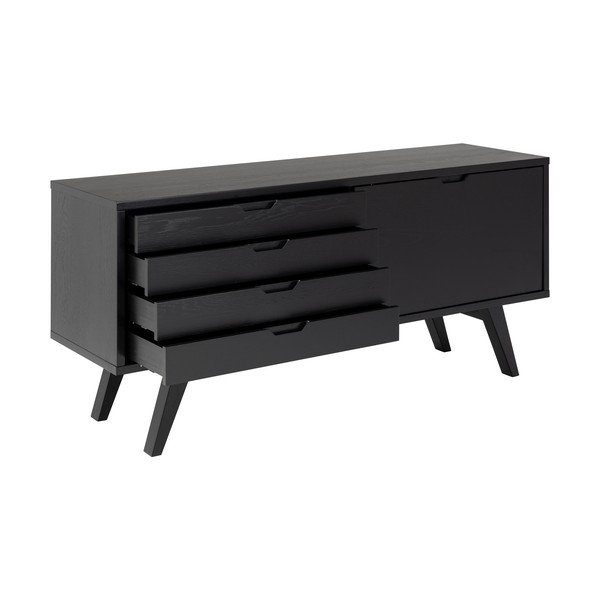 Fekete alacsony komód tolóajtóval, tölgyfa dekorral 160x72 cm A-Line – Actona-image-3
