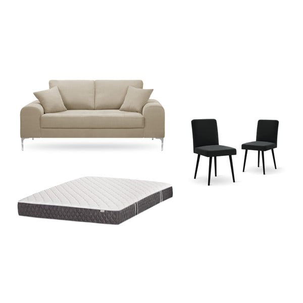 Bézs, kétszemélyes kanapé, 2 db fekete szék, matrac (140 x 200 cm) szett - Home Essentials