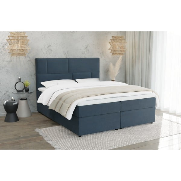 Sötétkék ágyneműtartós boxspring ágy 200x200 cm Lola – Ropez-image-1