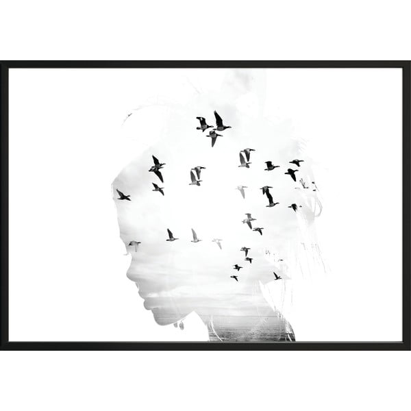 GIRL/SILHOUETTE/BIRDS keretezett fali kép, 50 x 70 cm
