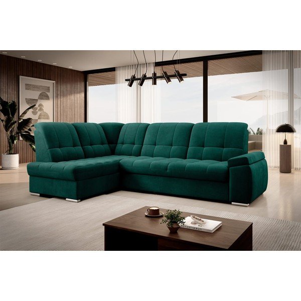 Zöld bársony kinyitható-tárolóhelyes sarokkanapé (bal oldali-L alakú) Sado – ELTAP-image-4