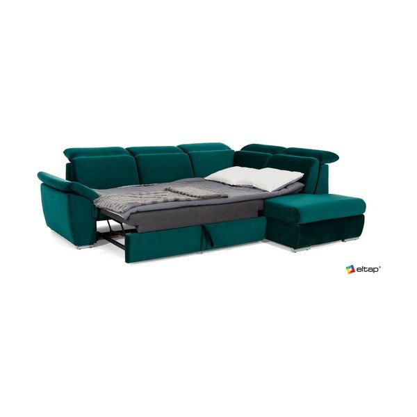 Zöld bársony kinyitható-tárolóhelyes sarokkanapé (bal oldali-L alakú) Loreto – ELTAP-image-2