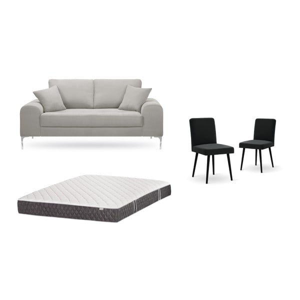 Világosszürke, kétszemélyes kanapé, 2 db fekete szék, matrac (140 x 200 cm) szett - Home Essentials