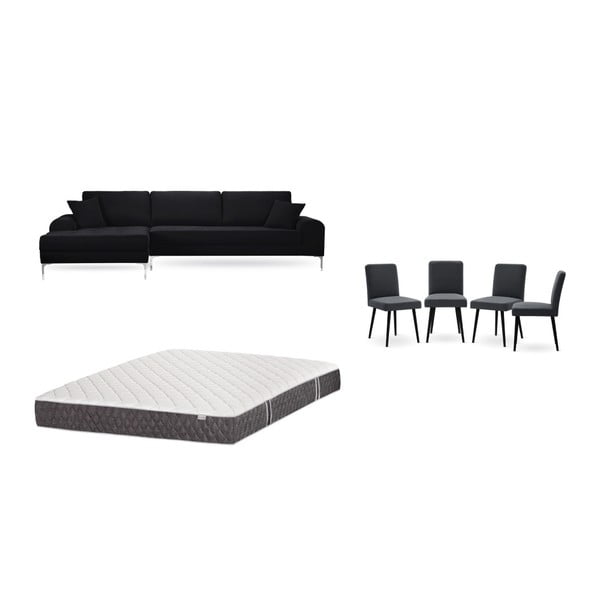 Fekete baloldali sarokkanapé, 4 db antracit szürke szék, matrac (160 x 200 cm) szett - Home Essentials