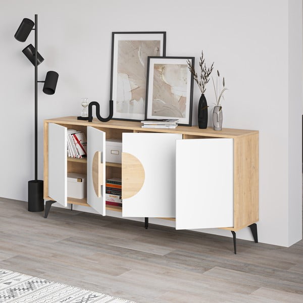 Fehér-natúr színű alacsony komód tölgyfa dekorral 180x82 cm Vae – Marckeric-image-2