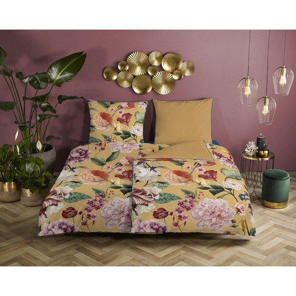 Floery sárga organikus pamut egyszemélyes ágyneműhuzat, 140 x 200 cm - Descanso-image-1