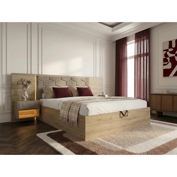 Szürkésbarna kárpitozott-forgácslemez ágyneműtartós franciaágy ágyráccsal 160x200 cm Palmeraie – Bobochic Paris-image-2