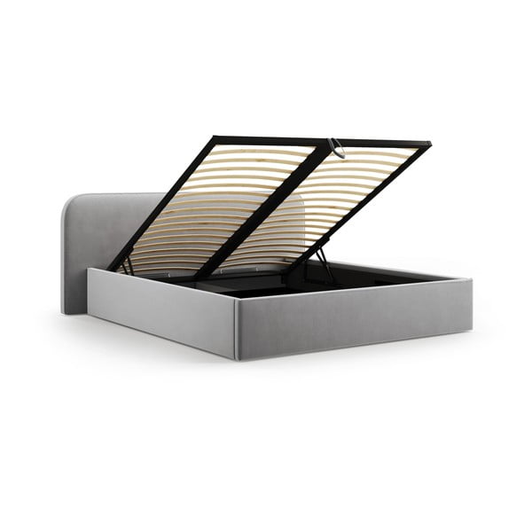 Világosszürke kárpitozott ágyneműtartós franciaágy ágyráccsal 140x200 cm Elizabeth – Micadoni -image-2