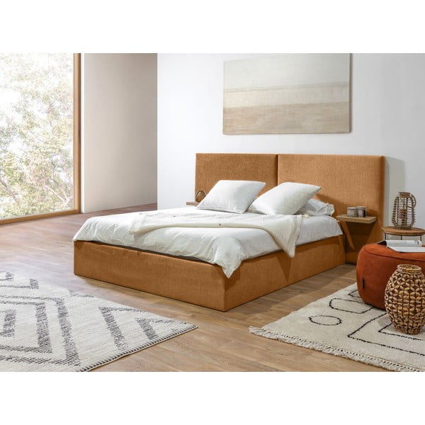 Okkersárga kárpitozott franciaágy tárolóhellyel ágyráccsal 160x200 cm Blandine – Bobochic Paris-image-2