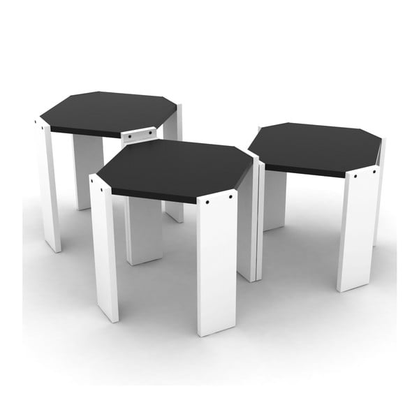Rafevi Hansel 3 db egymásba rakható fehér tárolóasztal, fekete részletekkel