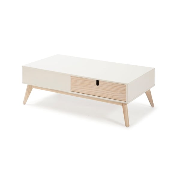 Kiara fehér dohányzóasztal 2 fiókkal és borovi fenyőfa lábakkal - Marckeric-image-3