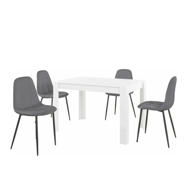 Lori Lamar fehér étkezőasztal és 4 részes szürke étkezőszék szett - Støraa