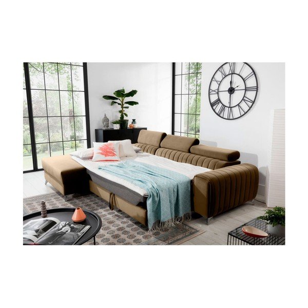 Világosbarna bársony kinyitható-tárolóhelyes sarokkanapé (bal oldali-heverő résszel) Grayson – ELTAP-image-4