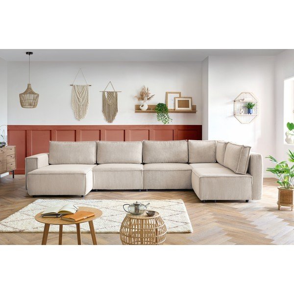 Krémszínű kordbársony sarokkanapé (jobb oldali-"U" alakú) Nihad modular – Bobochic Paris-image-1