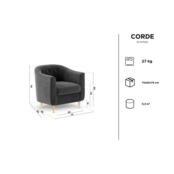 Corde sötétszürke bársony fotel - Kooko Home-image-4