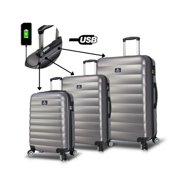 RESSO Travel Set 3 szürke görgős bőrönd USB csatlakozóval - My Valice-image-3