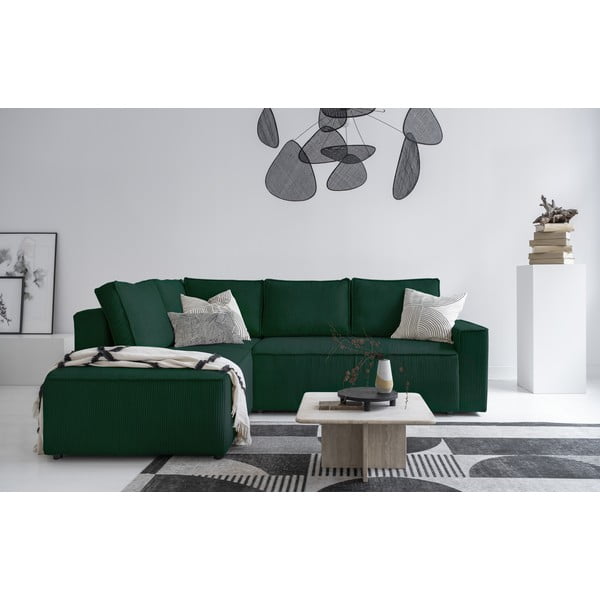 Sötétzöld kordbársony kinyitható sarokkanapé (bal oldali) Brave Dave – Miuform-image-1