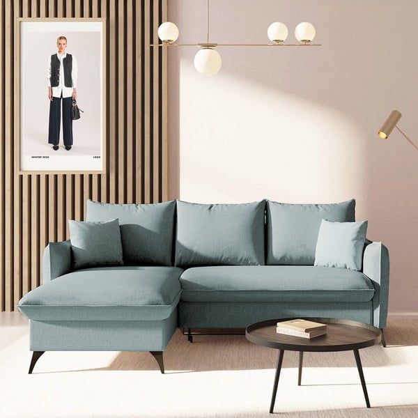 Világoskék kinyitható tárolóhelyes sarokkanapé (bal oldali-heverő résszel) Brim – Rodier-image-1