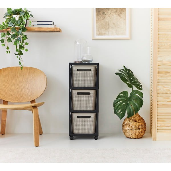 Fekete-bézs műanyag gurulós polcos állvány 30x77 cm Brisen - Rotho-image-1