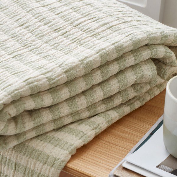 Zöld pamut takaró 150x200 cm Cotton Muslin Stripe – Bianca-image-1