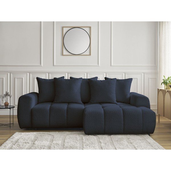 Kék buklé kinyitható-tárolóhelyes sarokkanapé (jobb oldali-heverő résszel) Roxelane – Bobochic Paris-image-1