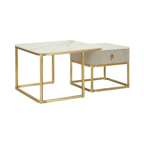 Krémszínű-aranyszínű dohányzóasztal szett márvány dekorral,  2 db-os  50x70 cm Beauty – Mauro Ferretti-image-3