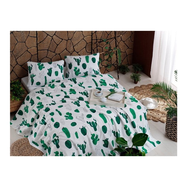 Kaktus Green pamut ágytakaró lepedővel és 2 párnahuzattal, 200 x 235 cm