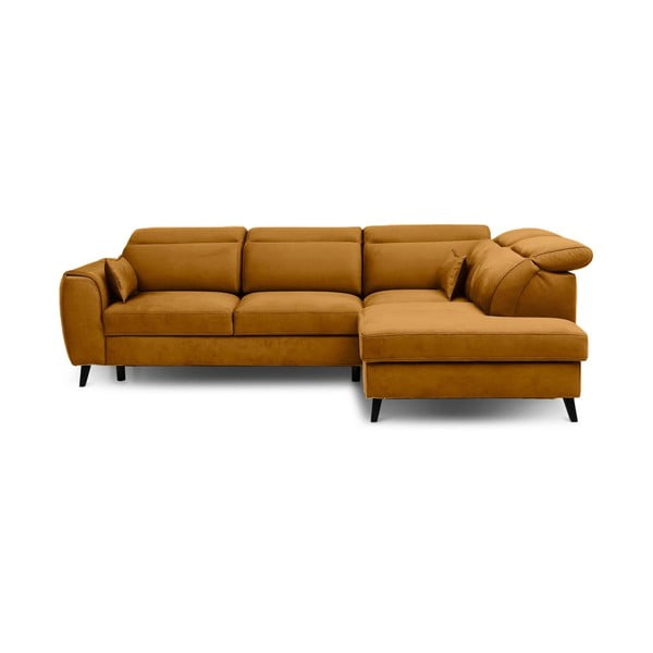 Sárga bársony kinyitható-tárolóhelyes sarokkanapé (jobb oldali-L alakú) Noble – ELTAP