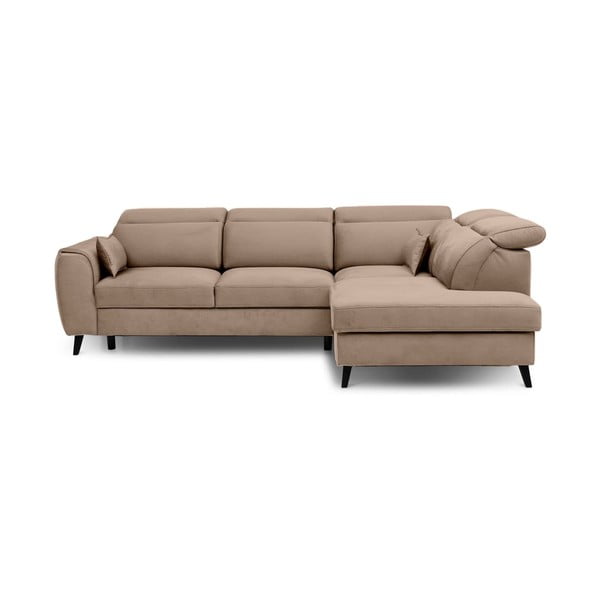 Világosbarna bársony kinyitható-tárolóhelyes sarokkanapé (jobb oldali-L alakú) Noble – ELTAP