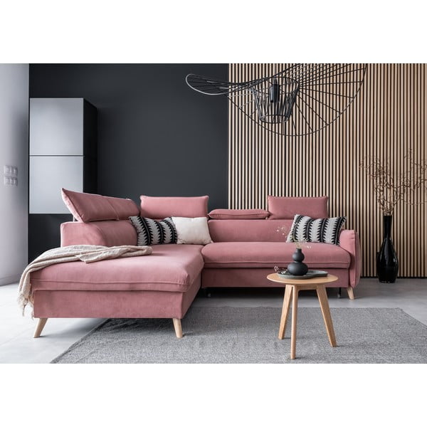 Világos rózsaszín bársony kinyitható sarokkanapé (bal oldali) Sweet Harmony – Miuform-image-1