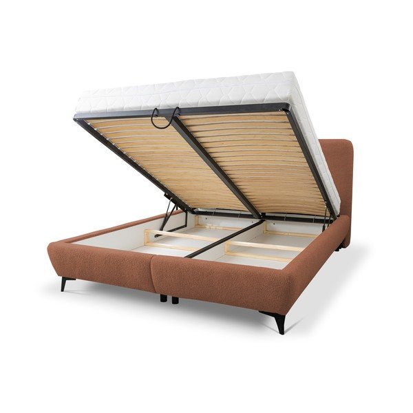 Terrakotta színű kárpitozott ágyneműtartós franciaágy ágyráccsal 140x200 cm Makapu – Makamii-image-1