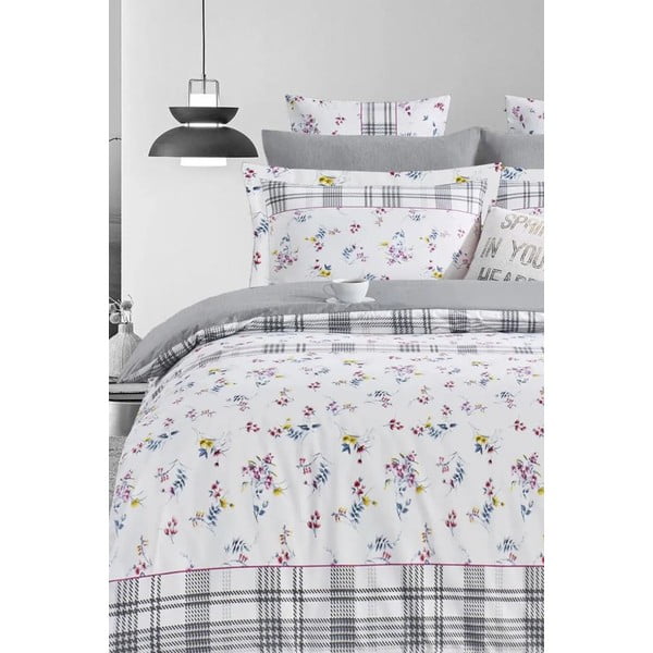 Fehér-szürke kétszemélyes hosszabbított négyrészes  renforcé pamut ágyneműhuzat lepedővel 200x220 cm – Mila Home-image-1