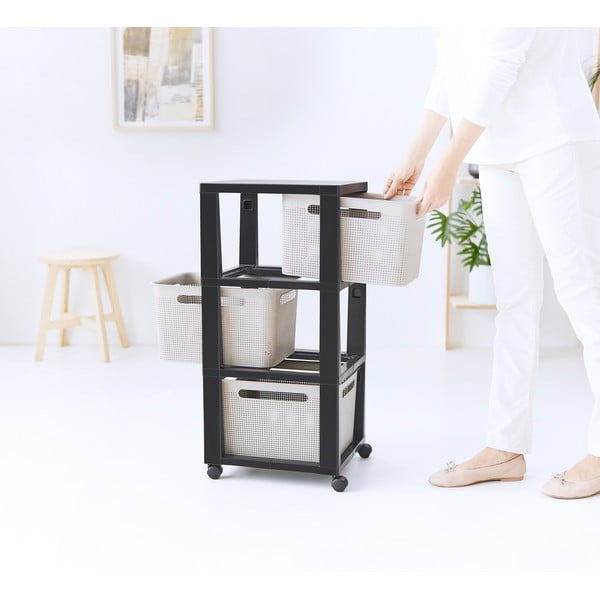 Fekete-bézs műanyag gurulós polcos állvány 30x77 cm Brisen - Rotho-image-4