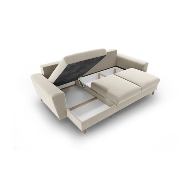 Bézs bársony kinyitható tárolóhelyes sarokkanapé Kyoto – Cosmopolitan Design-image-3