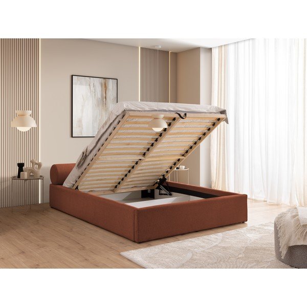 Terrakotta színű kárpitozott ágyneműtartós franciaágy ágyráccsal 200x200 cm Cille – Ropez-image-4